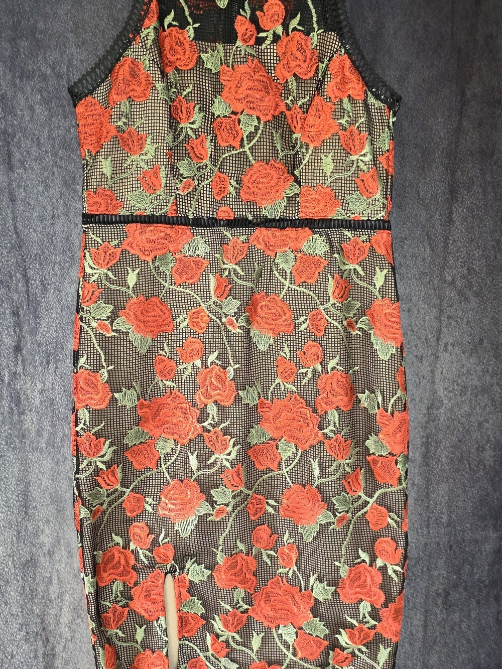 Gianni Bini Black Mesh Midi Dress with Red Rose Embroidery